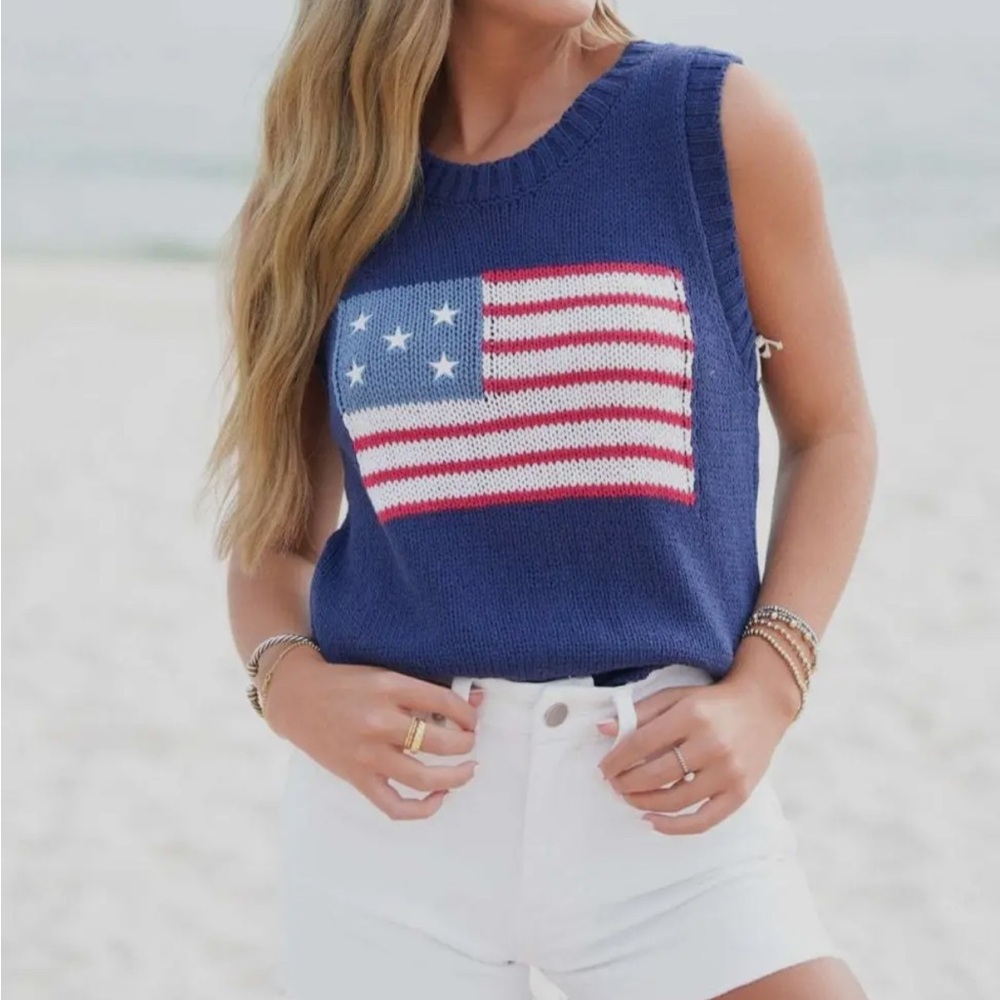 Women's Blue Sleeveless Top with American Flag Design